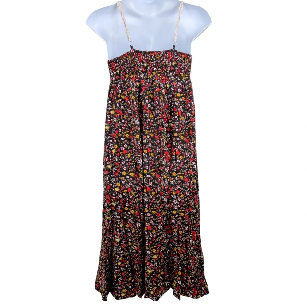 Floral Crochet Smocked Maxi Dress Black Red Size Large Boho Earthy Indie‎